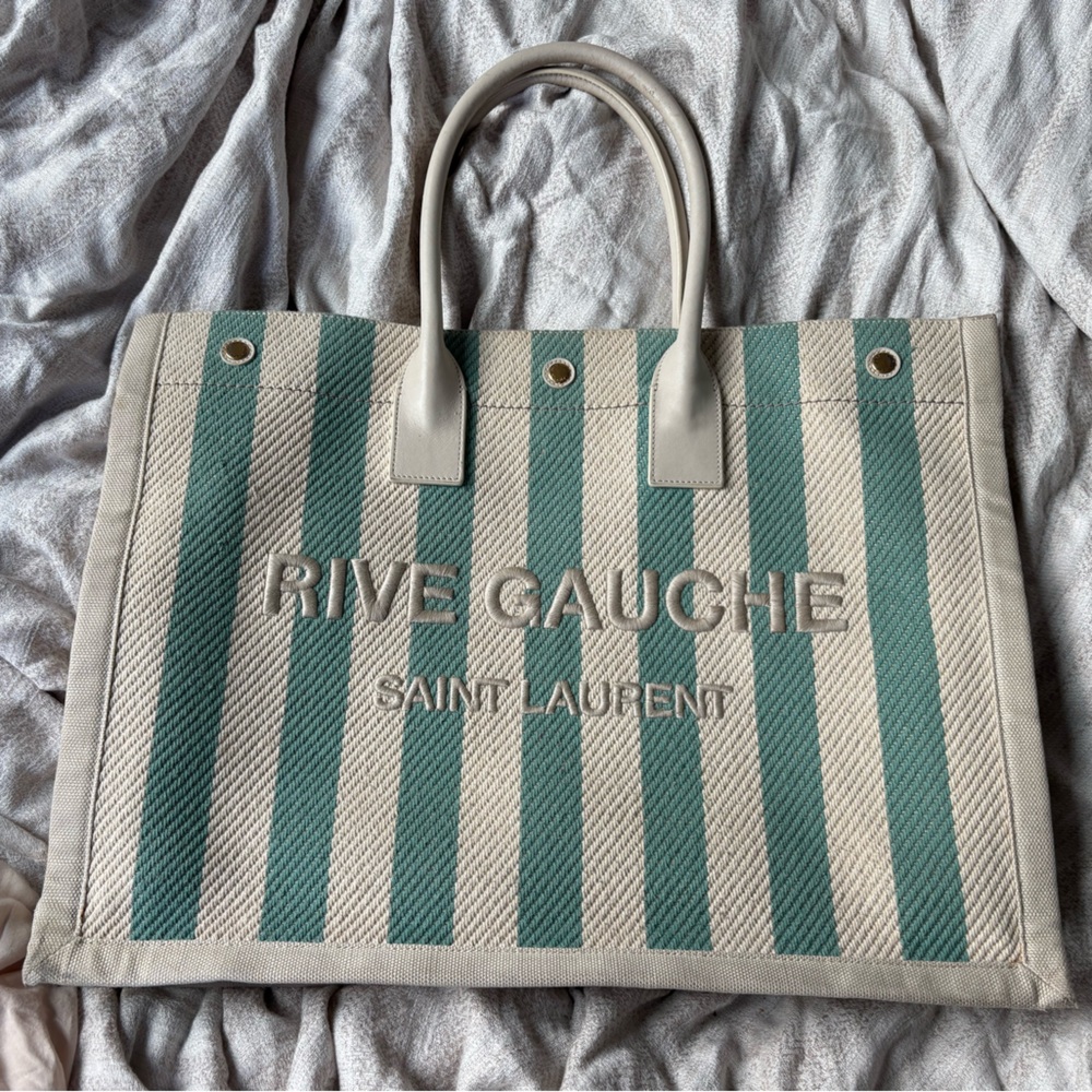Saint Laurent Rive Gauche Striped Tote Bag - Green and Cream
